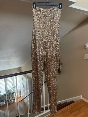 bebe Gold Sequin Strapless Jumpsuit